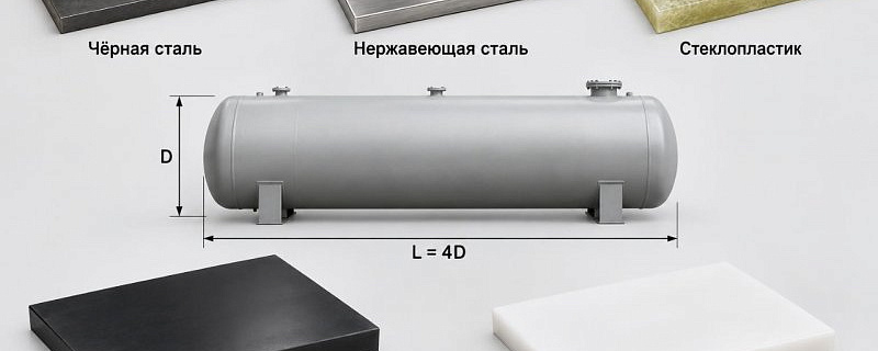 Сравнение резервуаров 5–250 м³: подземные и наземные из чёрной стали, нержавейки, стеклопластика, ПНД и ПП