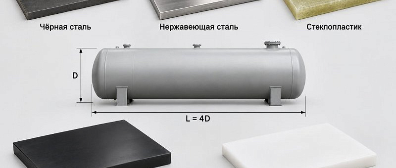Сравнение резервуаров 5–250 м³: подземные и наземные из чёрной стали, нержавейки, стеклопластика, ПНД и ПП
